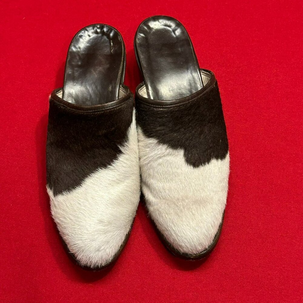 Custom Made Cowhide Mules – Brown & White, Size 7.5